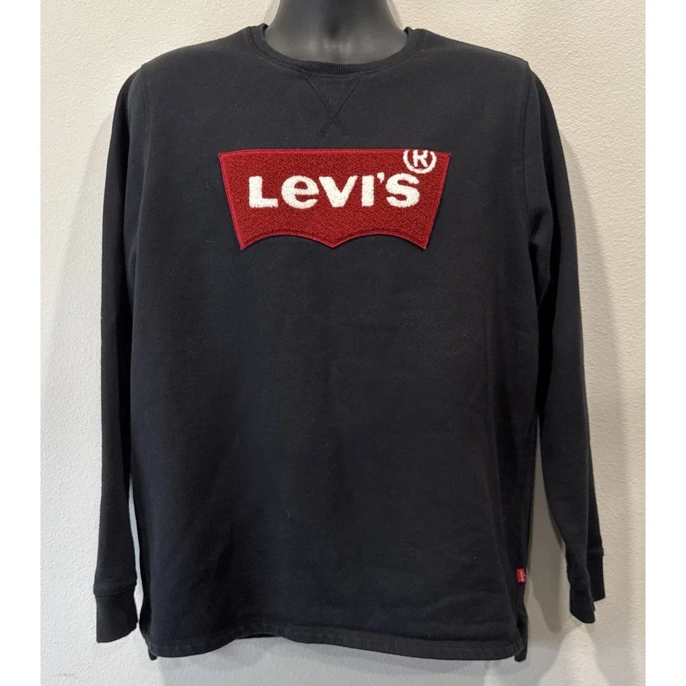 Levi's Crewneck Sweatshirt Mens L Black Chenille Batwing Logo Graphic Pullover‎